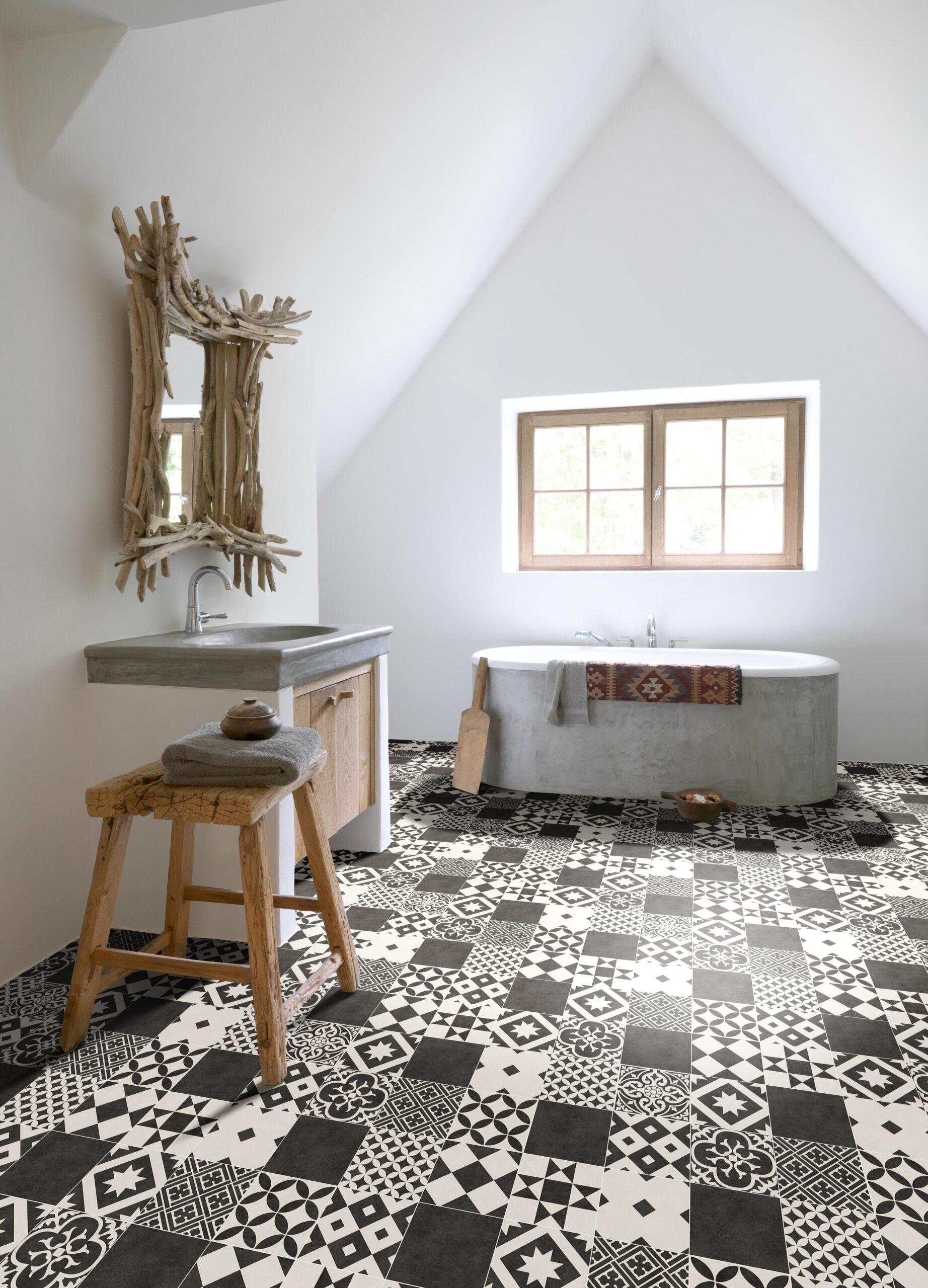 Kefi Sheet Vinyl – Art Deco Grey in a bathroom