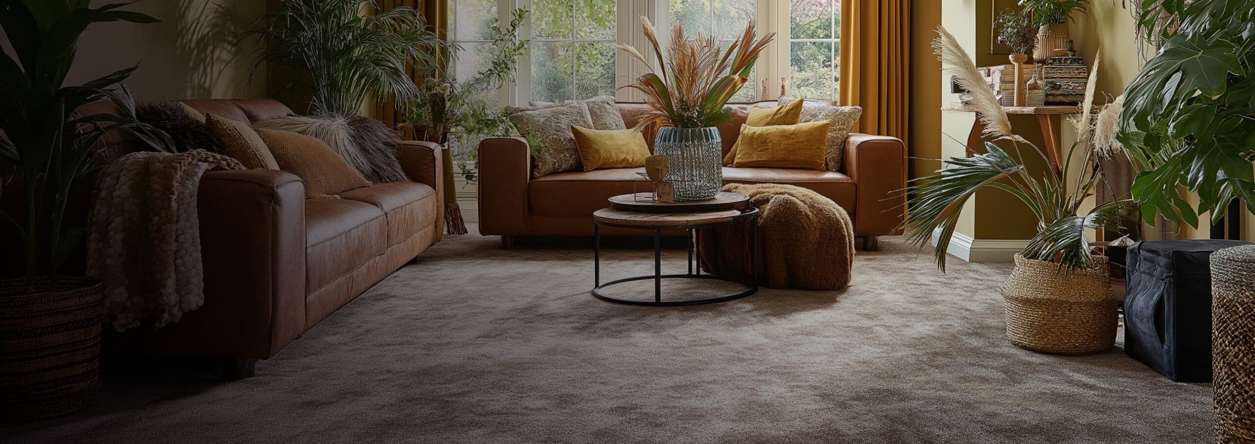 Stylish living room with beige carpet flooring, brown leather sofa and natural decor by Sotto