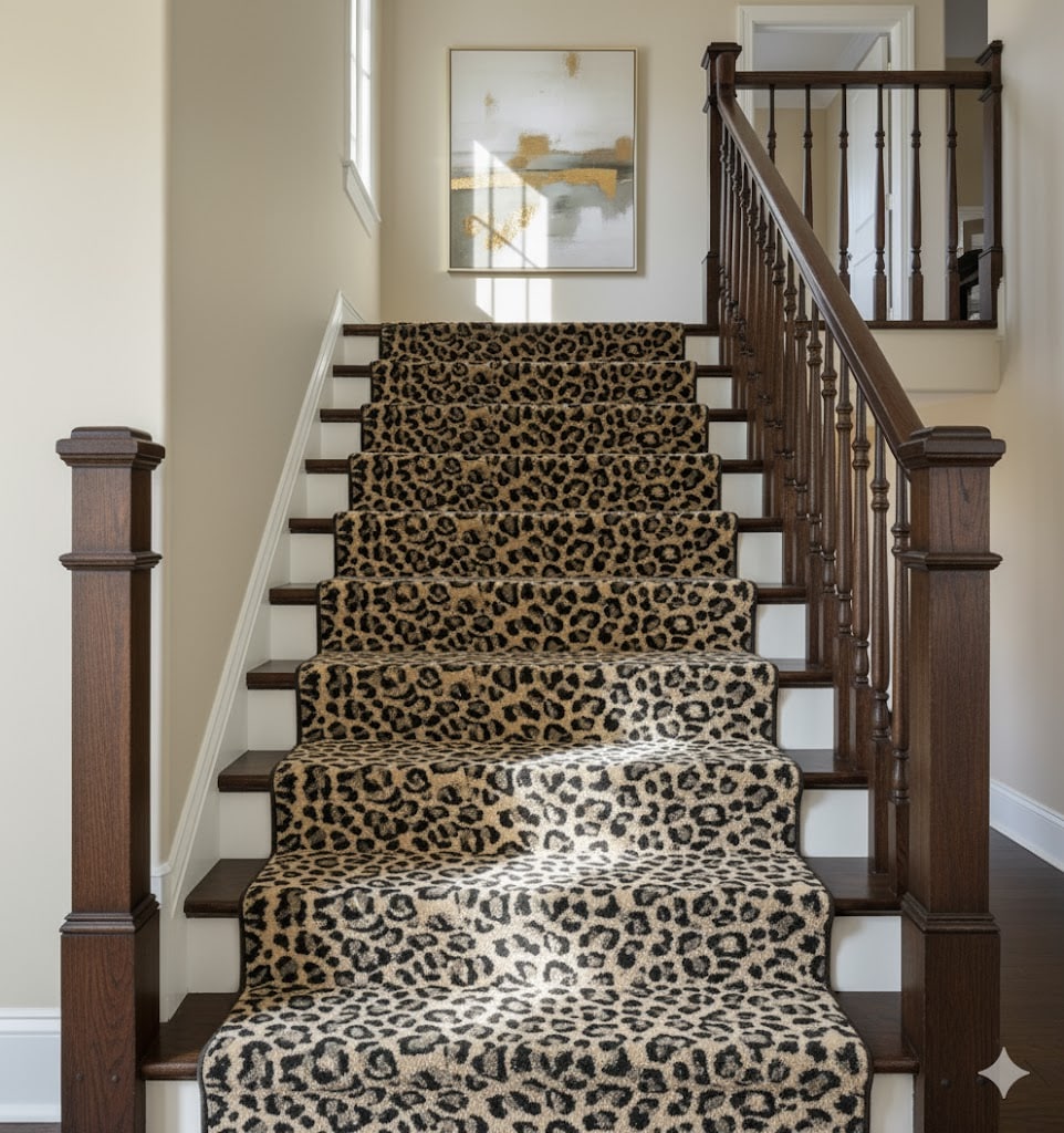 Animal Deluxe Carpet – Leopard Print Beige in a stairs