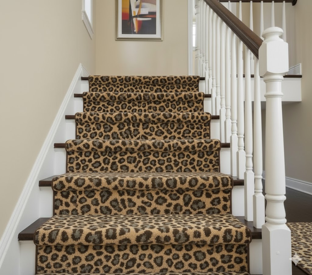 Animal Deluxe Carpet – Leopard Print Gold in a stairs
