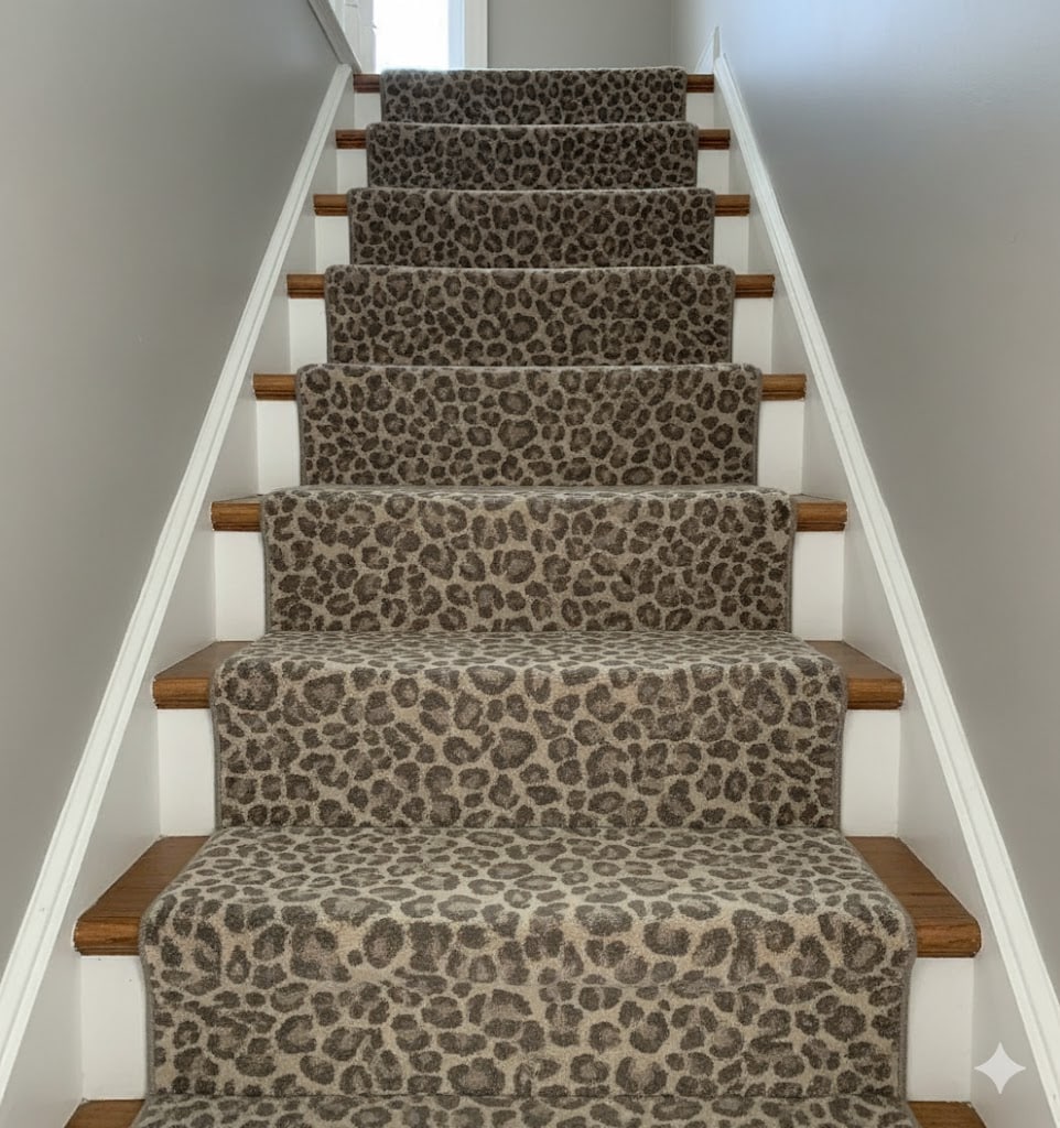 Animal Deluxe Carpet – Leopard Print Greige in a stairs