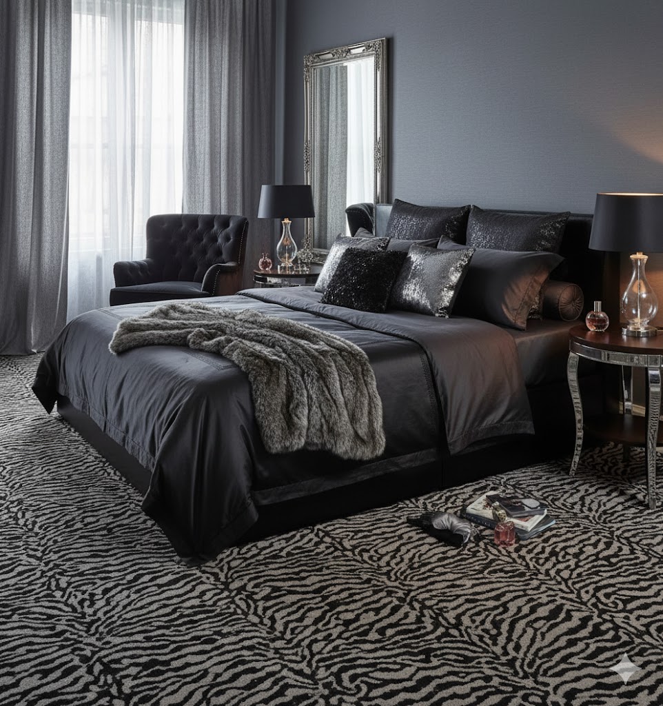 Animal Deluxe Carpet – Zebra Print Dark in a bedroom