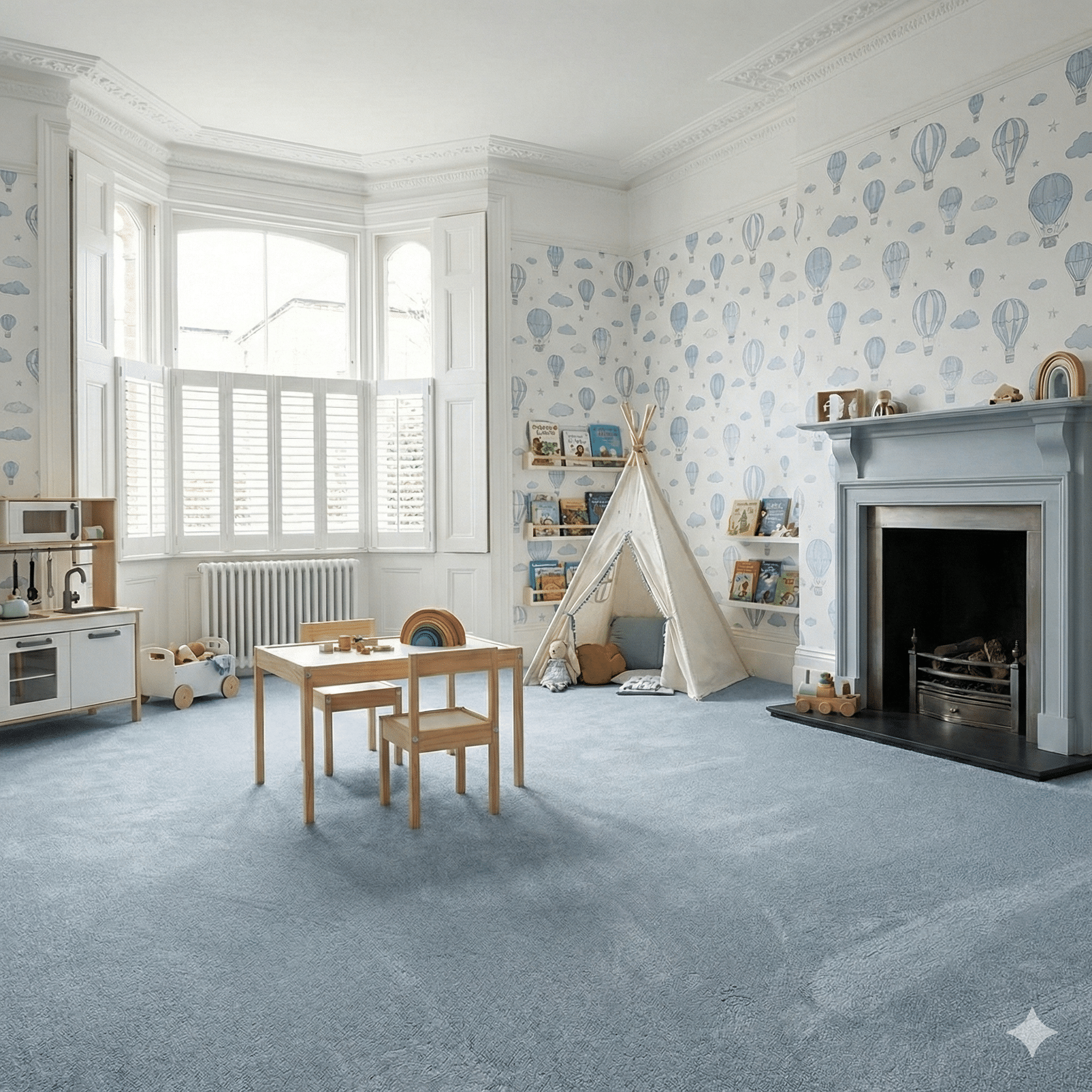 Glamorous Carpet – Azure in a bedroom