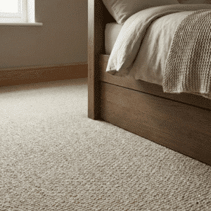 Close up shot of a cream wool carpet in a bedroom