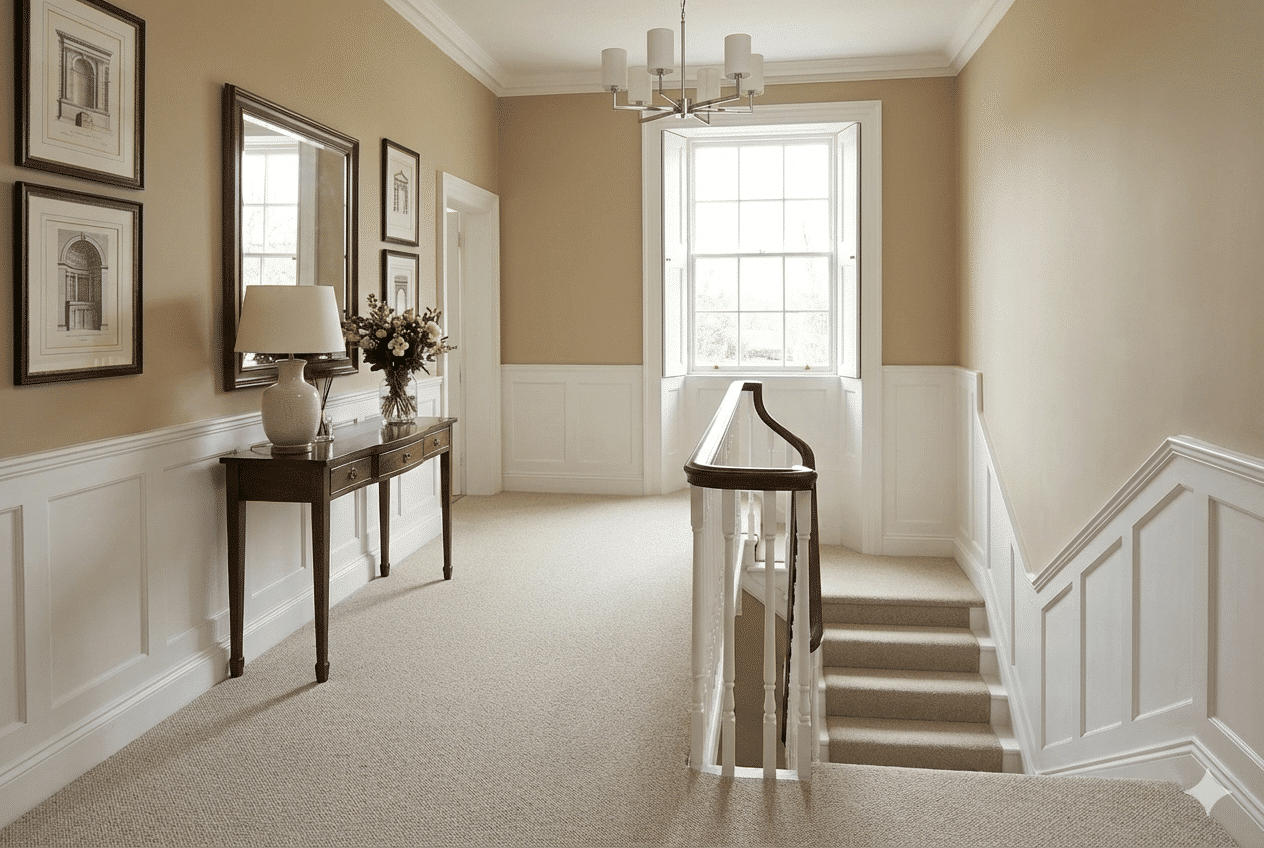 Homestead Wool Buff Carpet in a stairs