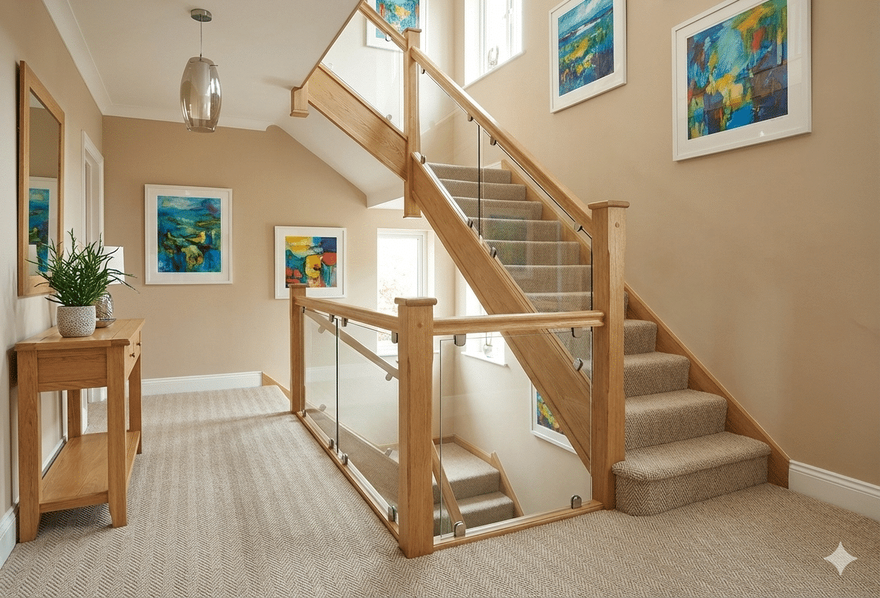 Homestead Wool Herringbone Carpet – Buff in a stairs