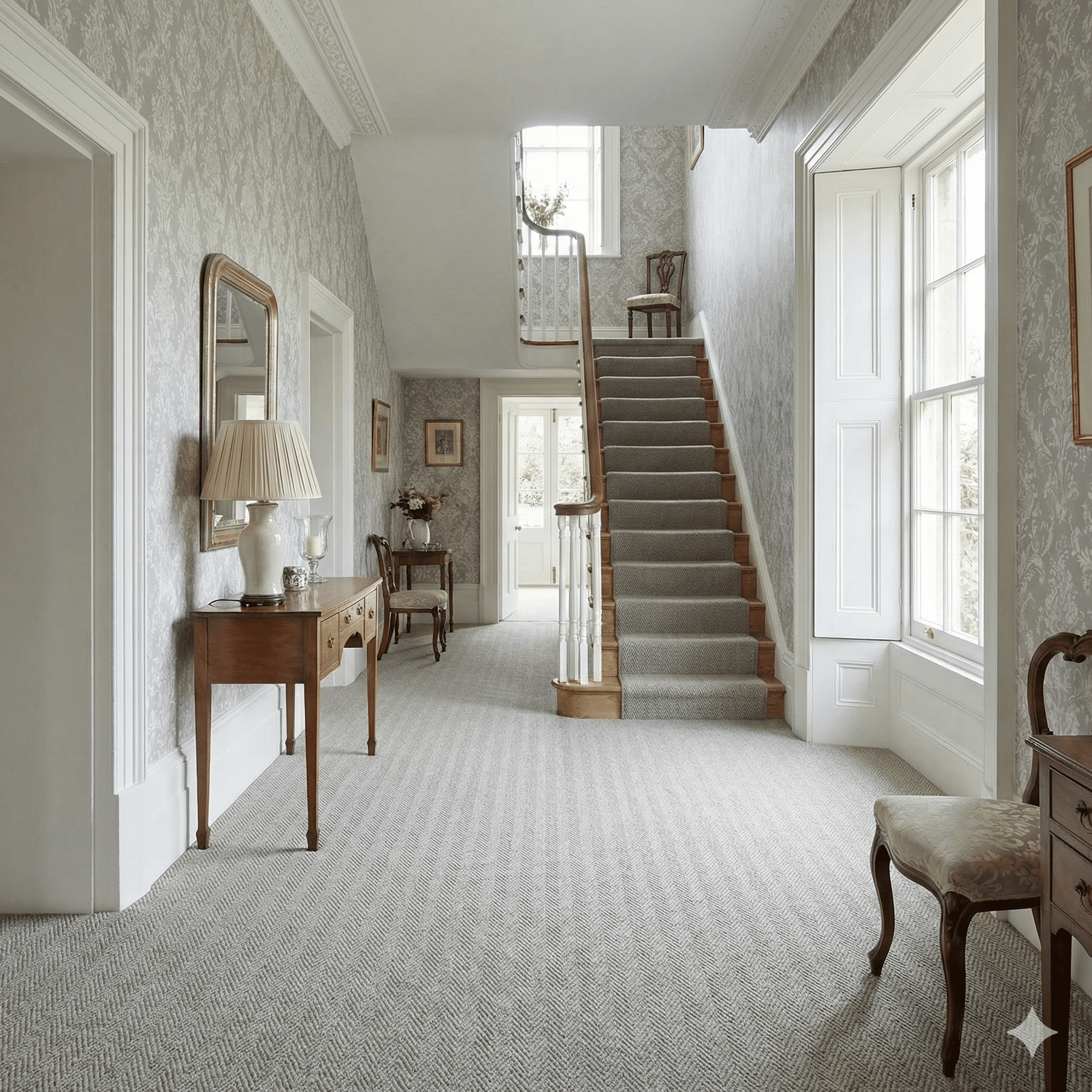Homestead Wool Herringbone Carpet – Cobble in a hallway