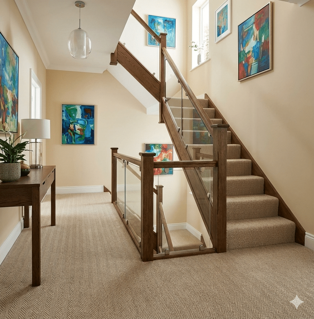 Homestead Wool Herringbone Carpet – Tan in a hallway