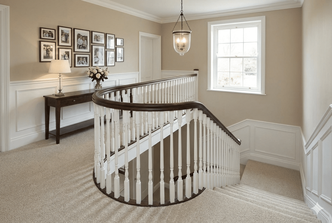 Homestead Wool Tan Carpet in a stairs
