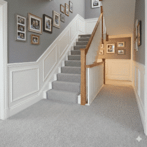 Lifestyle Herringbone Carpet – Pebble in a hallway