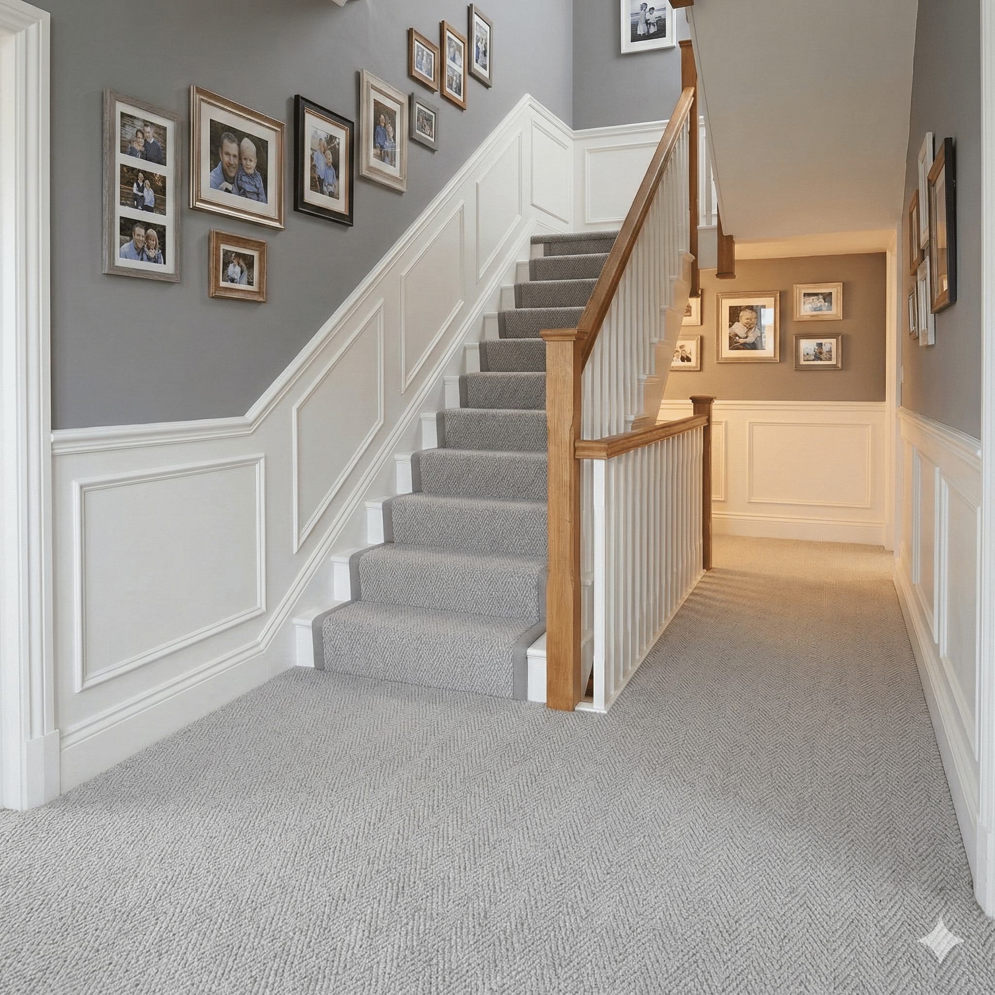 Lifestyle Herringbone Carpet – Pebble in a hallway