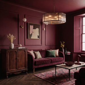 Merlot Colour Drenched Living Room With Bracken Oak Herringbone Sotto Flooring