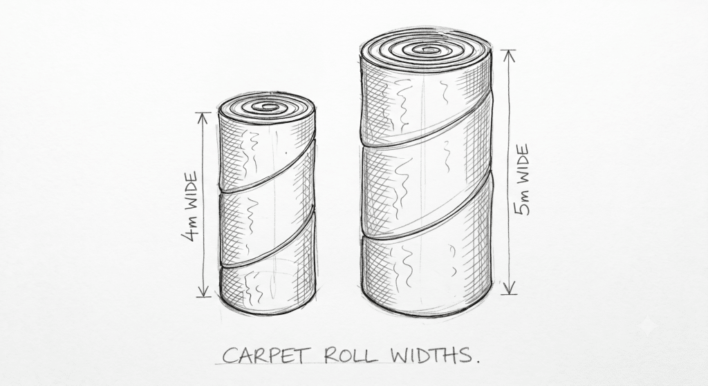 Diagram showing the two standard carpet roll widths, 4 metres and 5 metres