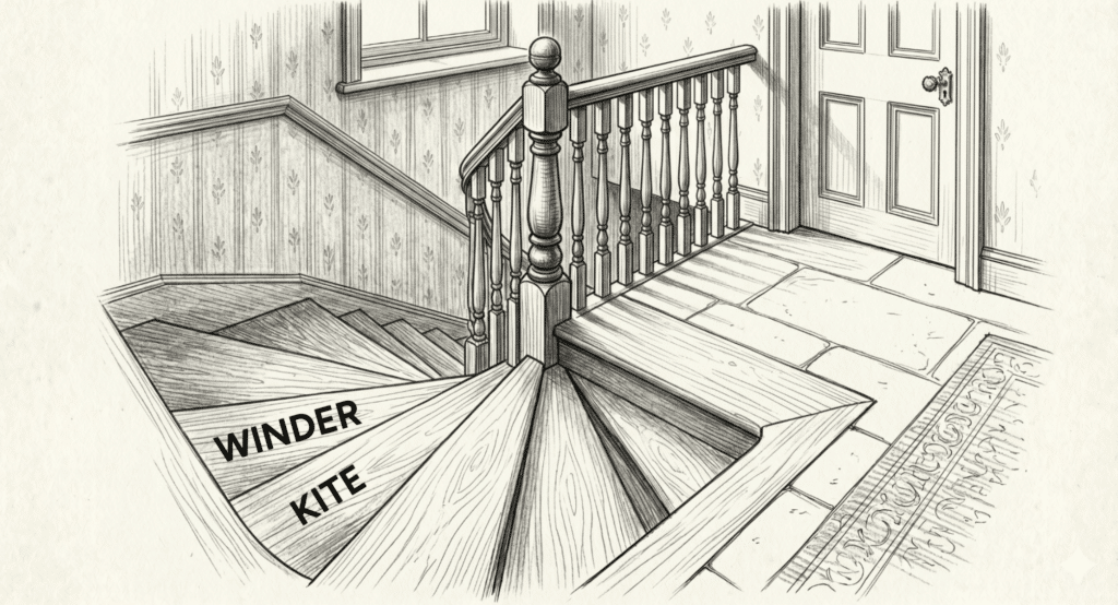 Illustration of a winder, or kite, step where a staircase changes direction