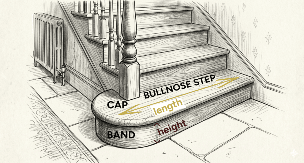 llustration of a bullnose, or D, step showing the cap, band, length and height