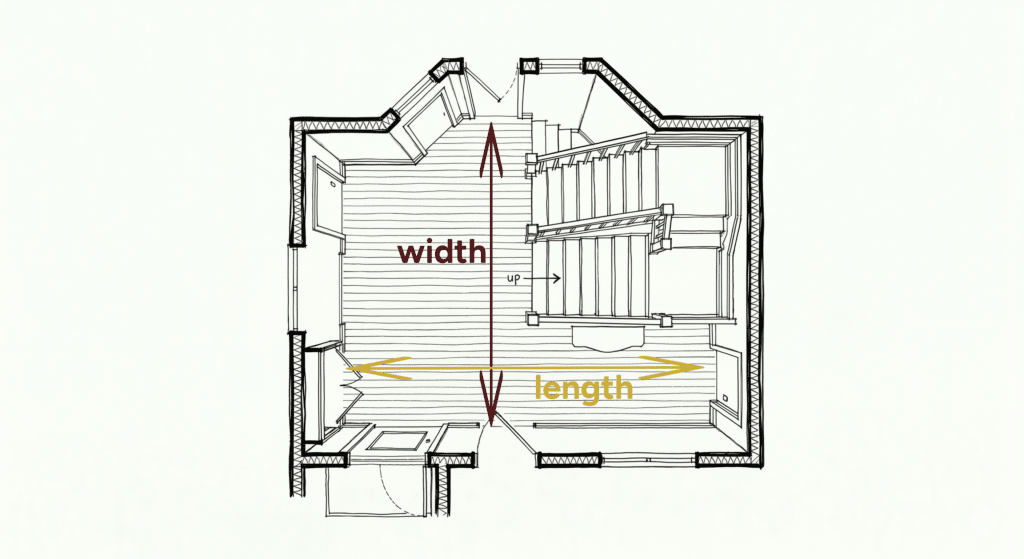hallway and landing floor plan — width and length arrows