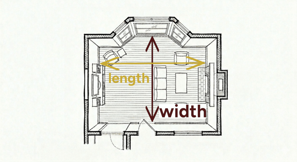 Floor plan of a standard room showing where to measure length and width, including into a bay window