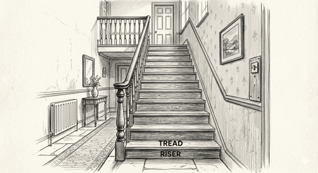 Illustration of a straight staircase with the tread and riser labelled