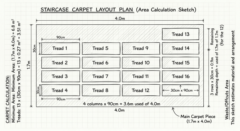 Staircase carpet layout plan showing 13 treads arranged within a 1.7m by 4m carpet piece