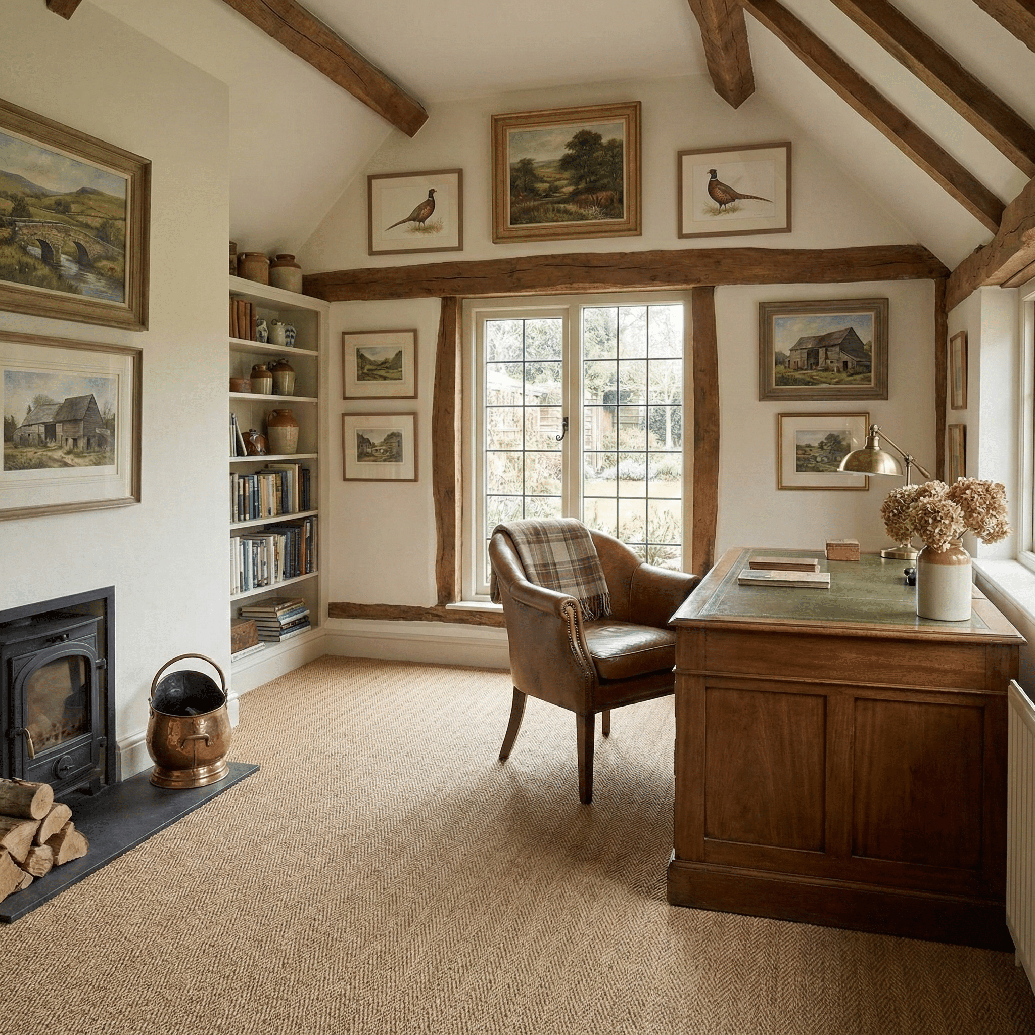 seagrass carpet in country office room