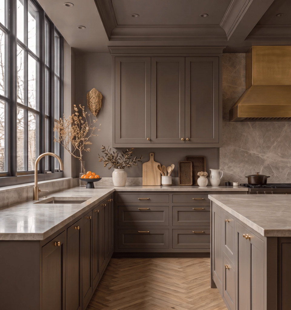 taupe colour drenched kitchen