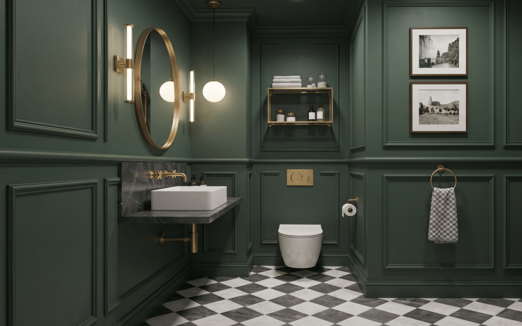 Green colour drenched bathroom with checkered flooring