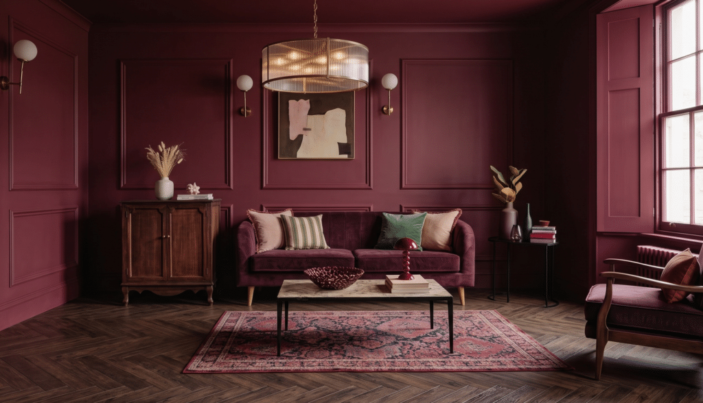 Burgundy colour drenched living room with dark LVT wood effect flooring