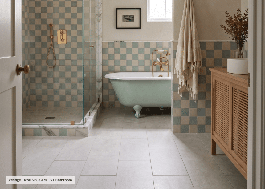Stone effect SPC click vinyl flooring in a bathroom