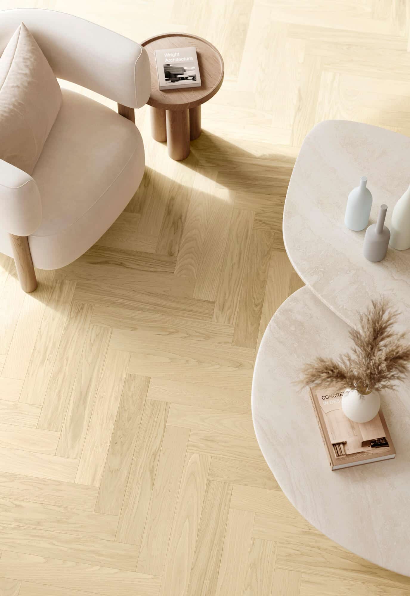 Parkwood Herringbone Nude real oak flooring with an armchair and round coffee tables